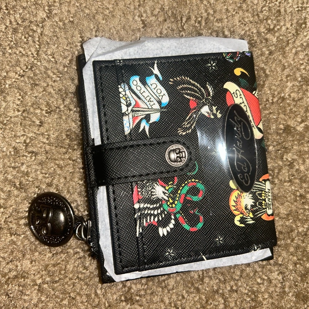 Ed Hardy Black Card Holder with Pink Logo